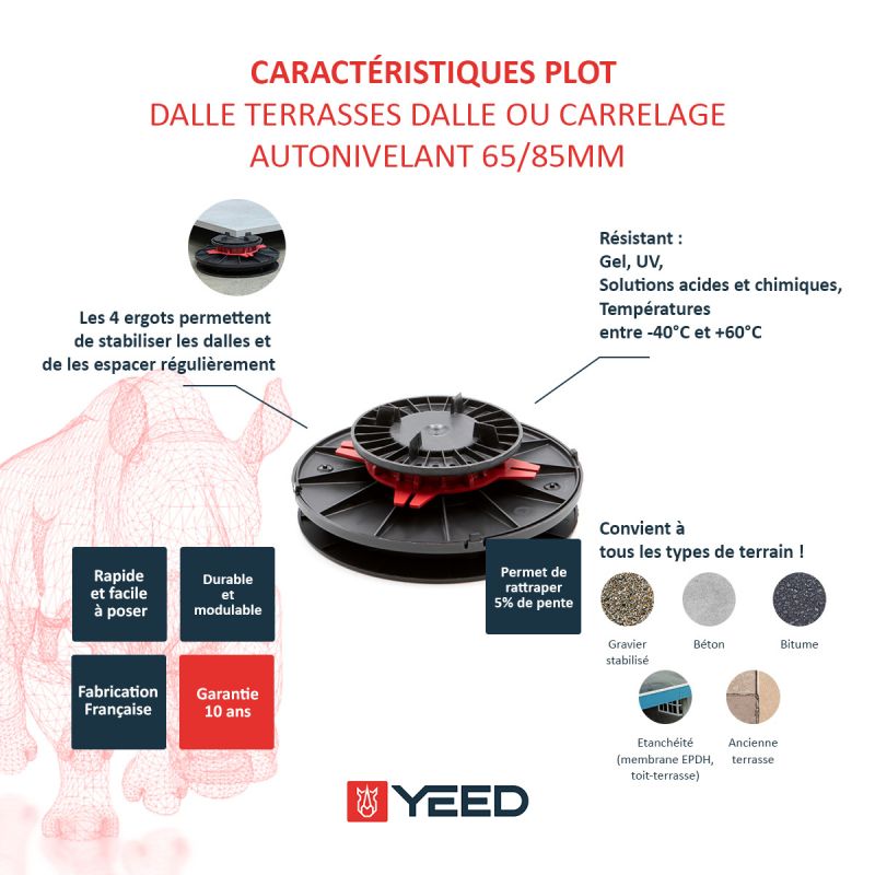 Plot autonivelant pour terrasse en dalle ou carrelage 65/85mm YEED