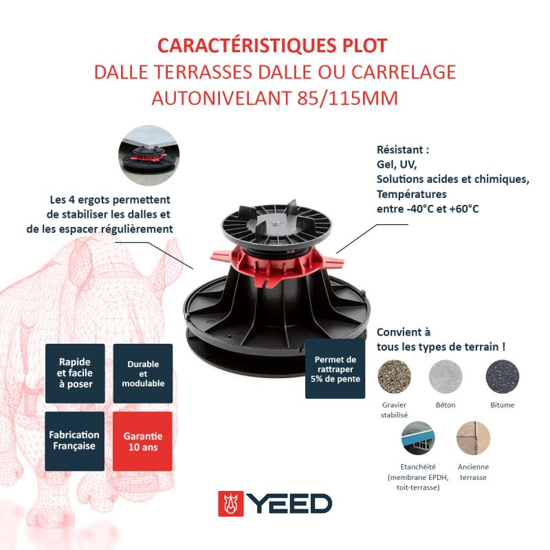 Plot autonivelant pour terrasse en dalle ou carrelage 85/115mm YEED