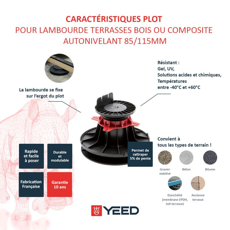 Plot autonivelant pour terrasse bois ou composite 85/115mm YEED