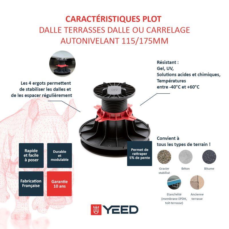 Plot autonivelant pour terrasse en dalle ou carrelage 115/175mm YEED