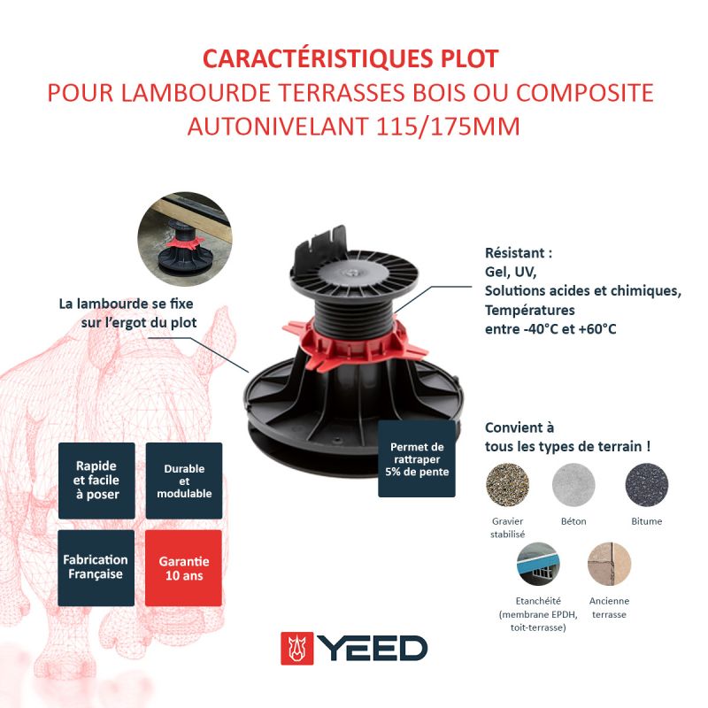 Plot autonivelant pour terrasse bois ou composite 115/175mm YEED