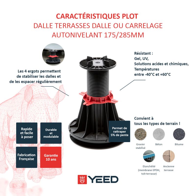 Plot autonivelant pour terrasse en dalle ou carrelage 175/285mm YEED