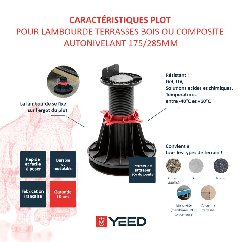 Plot autonivelant pour terrasse bois ou composite 175/285mm YEED